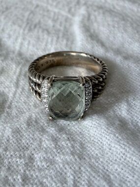 David Yurman Silver Ring with Pale Green Cushion Gemstone